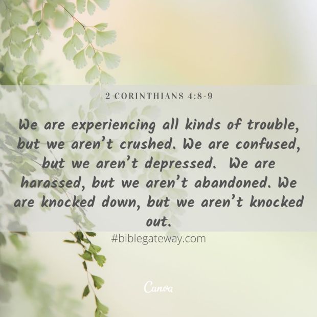 We are experiencing all kinds of trouble, but we aren’t crushed. We are confused, but we aren’t depressed. 9 We are harassed, but we aren’t abandoned. We are knocked down, but we aren’t knocked out.-2